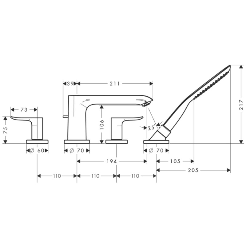 Hansgrohe METRIS-змішувачдля ванни на 4 отв (монтаж на край ванни), (31442000)