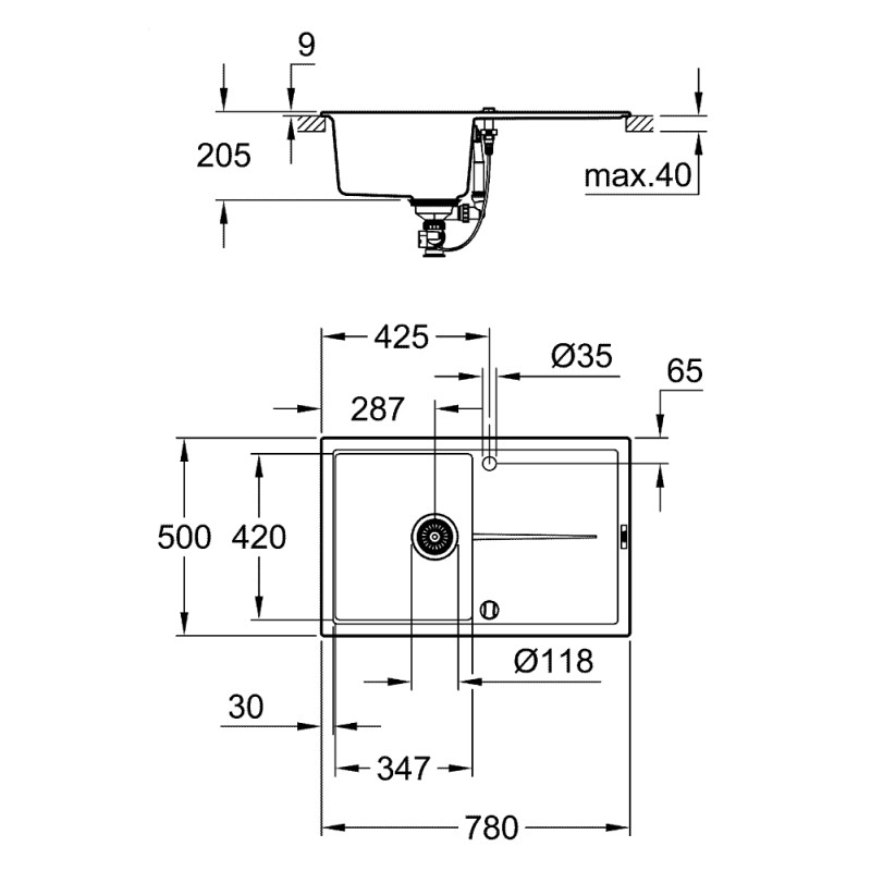 Grohe Мийка для кухні 780 x 500 мм, Granite Black (31639AP0)