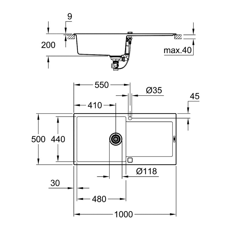 Grohe Мийка для кухні 1000 х 500 мм, Granite Black (31645AP0)