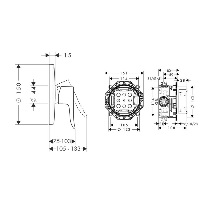 Hansgrohe Metris Смеситель для душа,СМ +IBOX universal скрытая часть для смесителя, (31685000+01800180)