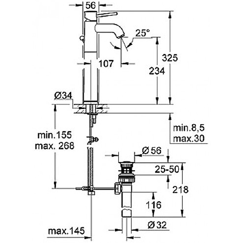 Grohe BauClassic Змішувач для раковини, одноважiльний, високий, (32868000)