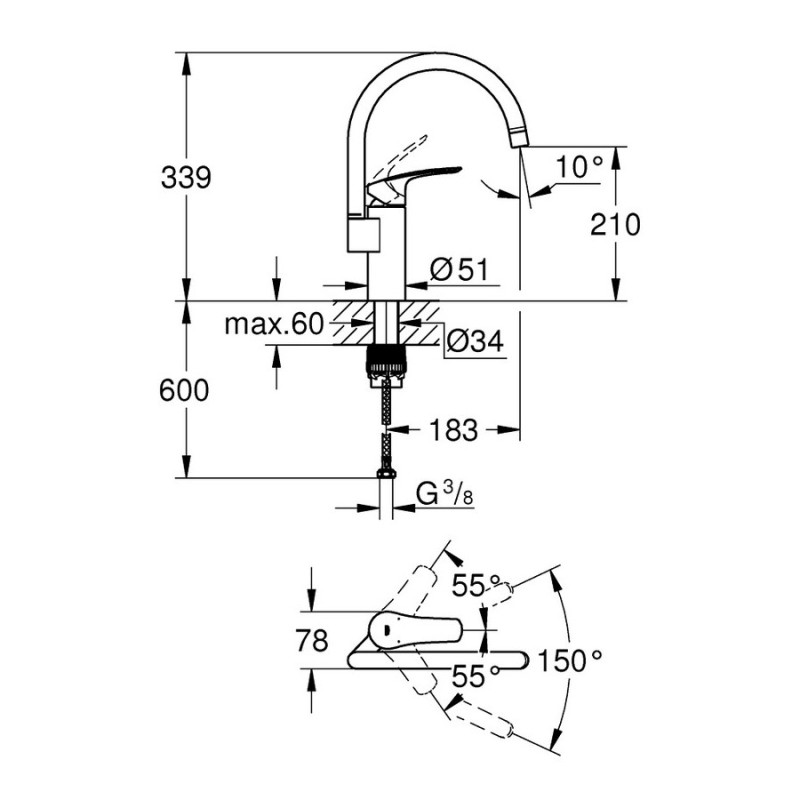 Grohe Змішувач для мийки Eurosmart 340 мм, хром (33202003)