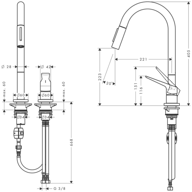 Axor Citterio M Змішувач для кухні, на 2 отвори, з висувним душем, ½, (34822800)