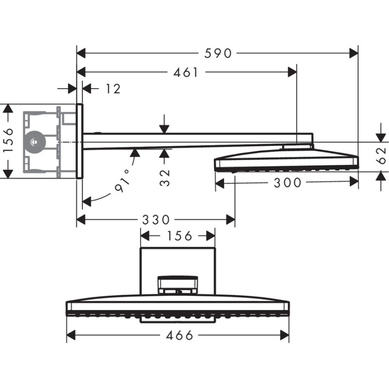 Axor ShowerSolutions Верхнiй душ 460*360 3jet, з душовим тримачем i квадратною розеткою, хром, (35282000)