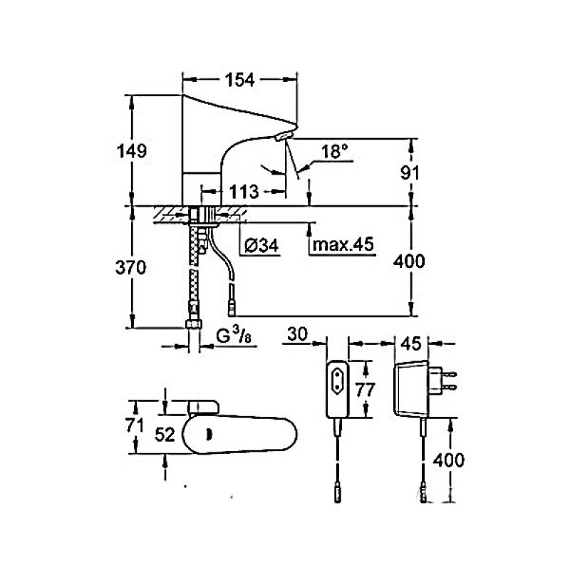 Grohe Europlus E Змішувач для раковини, електронний, працює від мережі, із пристроєм, (36015001)
