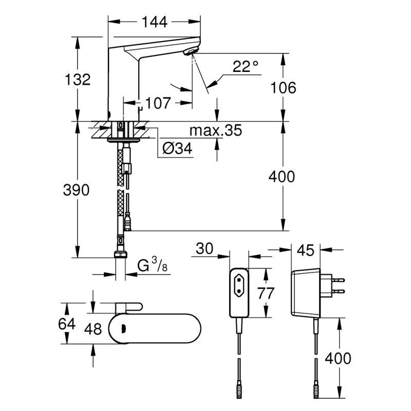 Grohe Змішувач для раковини Eurosmart Cosmopolitan E Інфрачервона електроніка (36325001)