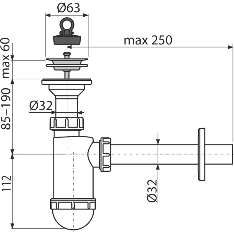 ALCA PLAST сифон A410 Умивальник 1 1/4*d63 нерж., жорстка трубка 32мм {25} (А410)