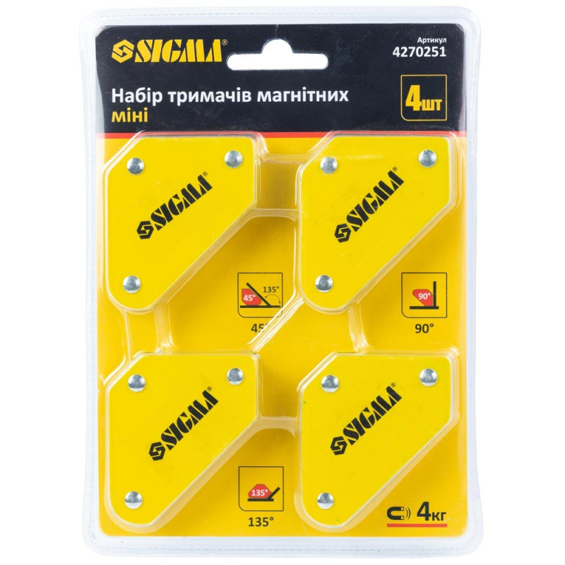 SIGMA Набір тримачів магнітних міні 4кг 52×20×40×16×38мм (45,90,135°) 4шт (4270251)