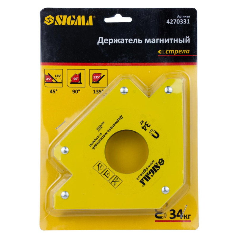 SIGMA Магніт для зварки стріла 34кг 110×110мм (45, 90, 135°) (4270331)