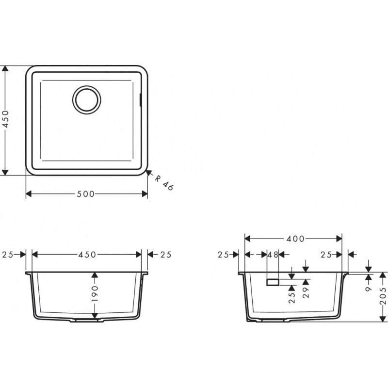 Hansgrohe S510-U450 мийка для кухні 450, колір сірий камень, (43431290)
