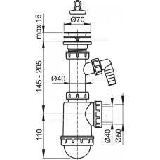 ALCA PLAST сифон A441Р Кухня 1 1/2*d70 нерж.+пралка, без випуску {20} (А441Р)