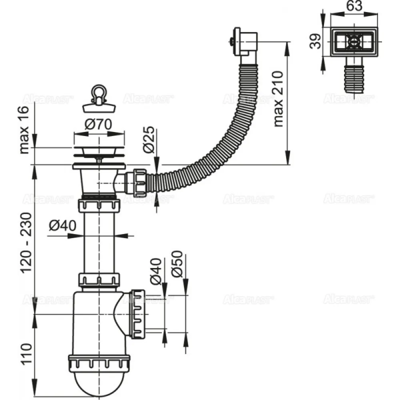 ALCA PLAST сифон A444 Кухня 1 1/2*d70 нерж. з прямокутним переливом, без випуску {15} (А444)