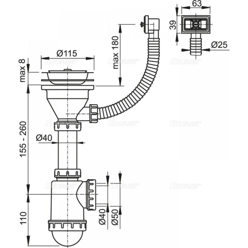ALCA PLAST сифон A447 Кухня 3 1/2*d115 нерж. з прямокутним переливом, без випуску {15} (А447)