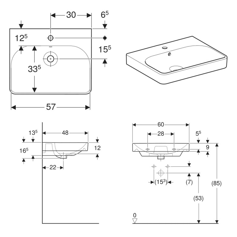 Geberit 500.229.01.1 Smyle Square Раковина 60см, з 1 отв. під зміш., з переливом, колір білий глянець