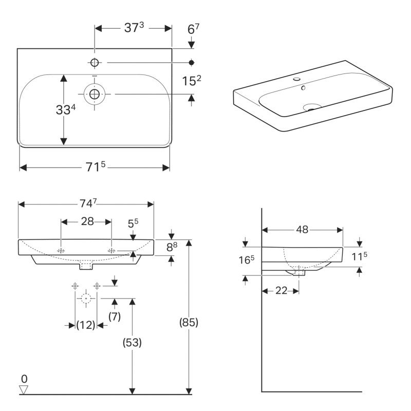 Geberit 500.249.01.1 Smyle Square Раковина 75см, з 1 отв.під зміш, з переливом, колір білий глянець