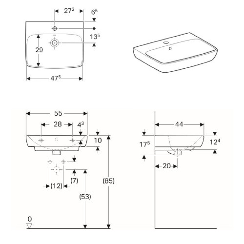Geberit 500.290.01.7 Selnova Square Умивальник 55см, прямокутний, з отвором під зміш., з переливом, колір білий глянець