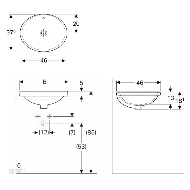 Geberit VARIFORM умивальник 50*40см, вбудований, овальной форми, з переливом, глазурований знизу, (500.709.01.2)