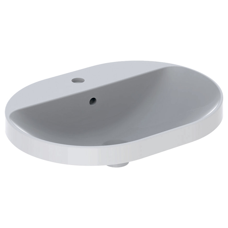 Geberit VARIFORM умивальник вбудований, еліптичної форми, 60*45см, з поличкою для отвору пiд змiшувач, з переливом, глазурований знизу, (500.733.01.2)