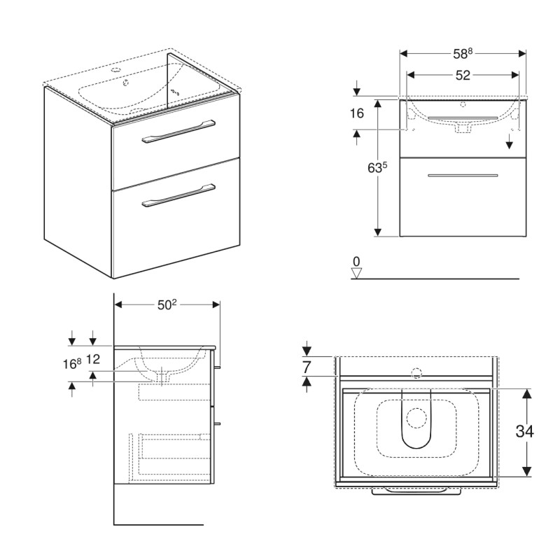 Geberit SELNOVA SQUARE шафка для вбудованого умивальника slim rim60см, з двома шухлядами 58,8*63,5*50,2 см, білий, (501.204.00.1)