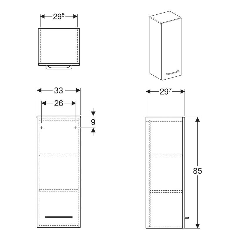 Geberit SELNOVA Square тумба 33*85*29,7см, з 1 дверима, білий глянець, (501.276.00.1)