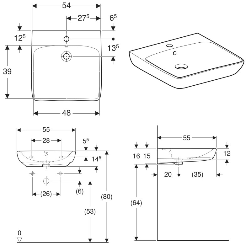 Geberit 501.461.00.7 Selnova Comfort Умивальник 55см для людей з обмеженими фізичними можливостями, з 1 отв.під змішувач тапереливом, білий глянець