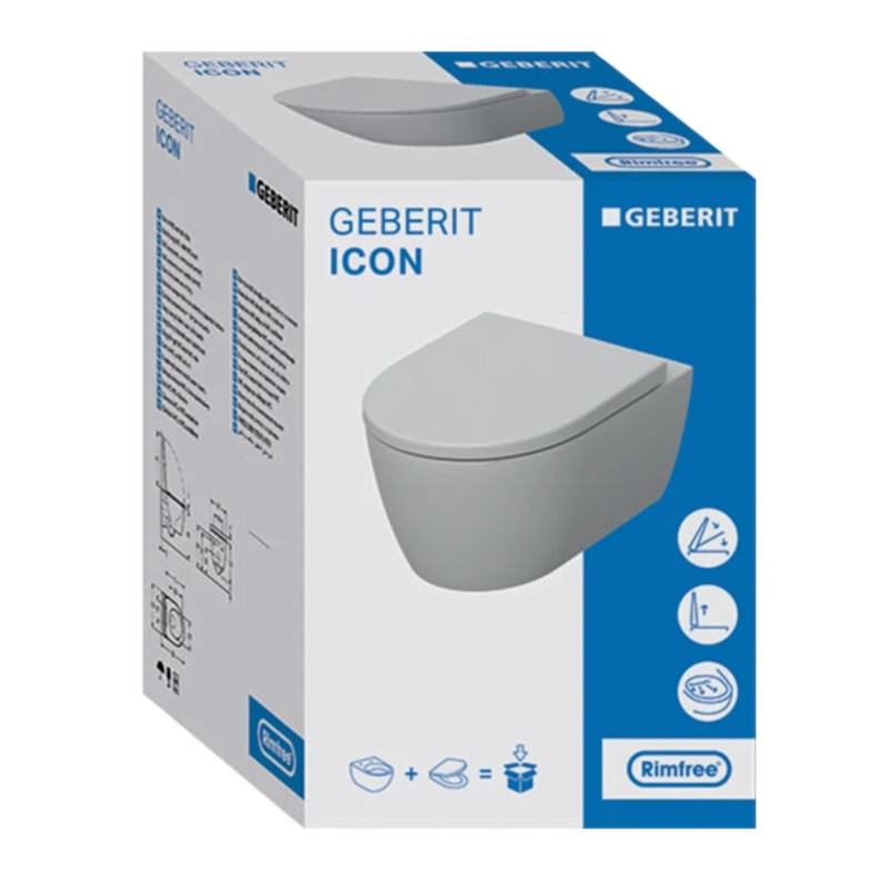 Geberit 501.664.00.1 Комплект підвісного унітаза iCon воронкоподібний, закрита форма, Rimfree, з сидінням з кришкою: T=53см, Функція плавного опускання=Так,Швидкорознімні кріпильні шарніри=Замикається, Кріплення=Зверху, Білий