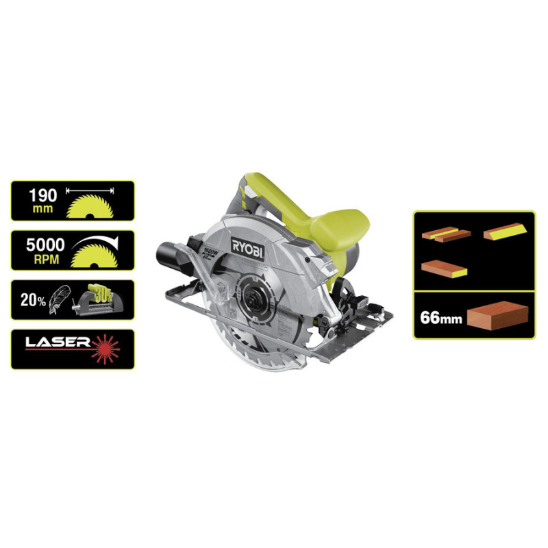 Ryobi Пила дискова RCS1600-K 1600Вт 190мм, 66мм 5000 об/хв (5133002779)