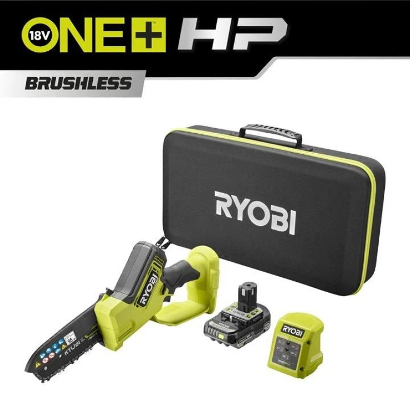 Ryobi Пила ланцюгова акумуляторна ONE+ HP RY18PSX15A-120T 18B 1х2А·год ЗП шина 15см безщіткова 6м/с 1.19кг кейс (5133005899)