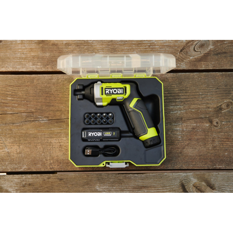 Ryobi Викрутка акумуляторна RSD4-120T 4В USB Lithium акб 1х2А·год 5Нм 200об·хв кейс для зберігання 10 насадок 0.37кг (5133006210)