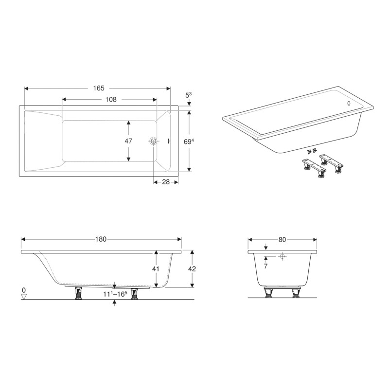 Geberit 554.386.01.1 Selnova Square Ванна прямокутна з ніжками, 180х80см, біла
