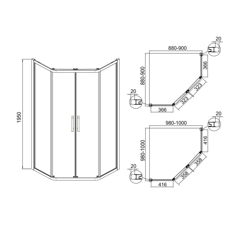 EGER IRIS душова кабіна 5-ти кутна 90*90*195см, з розсувними дверима (скло + двері), (599-142/1)