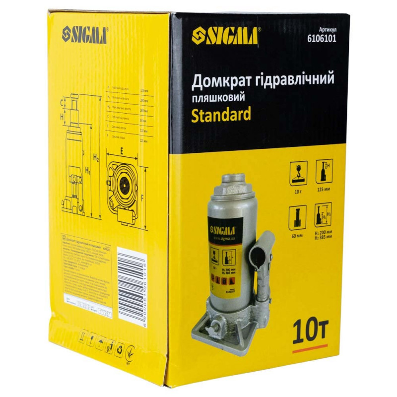 SIGMA Домкрат гідравлічний пляшковий 10т H 200-385мм Standard (6106101)
