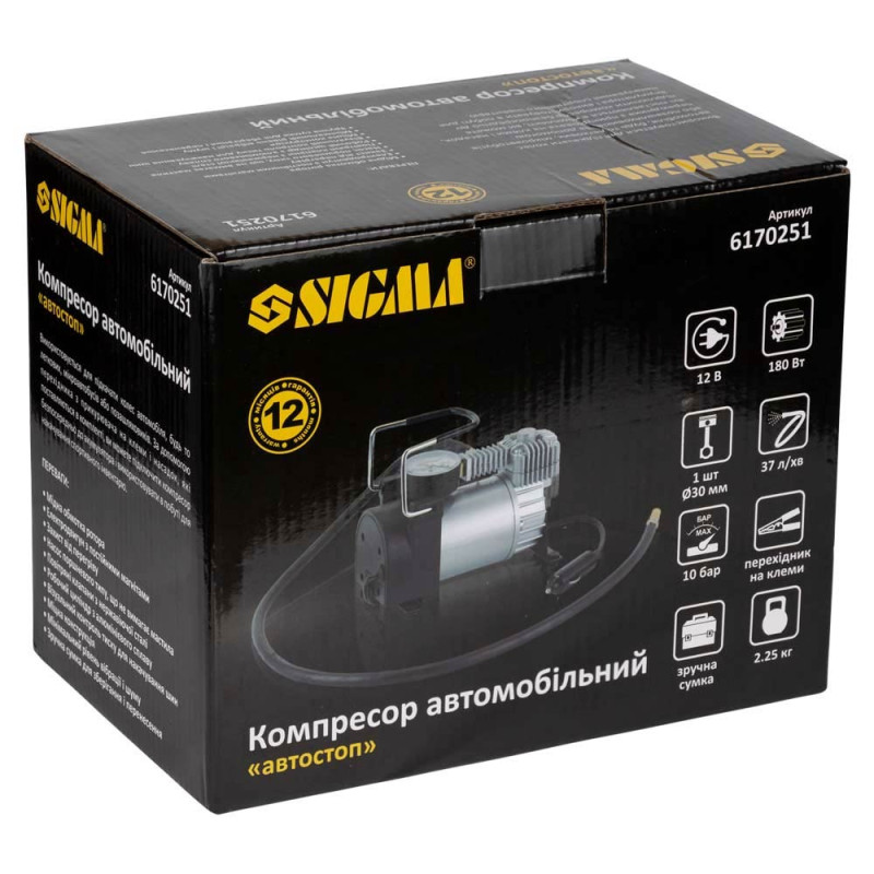 SIGMA Компресор автомобільний автостоп 12В 180Вт 15А 35л/хв 10бар сумка, перехідник на клеми (6170251)