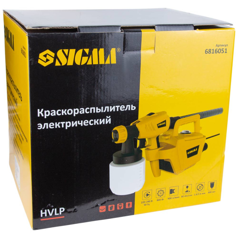 SIGMA Фарборозпилювач електричний HVLP 800Вт Ø1.8/2.6мм 900мл/хв н/б 800мл (6816051)