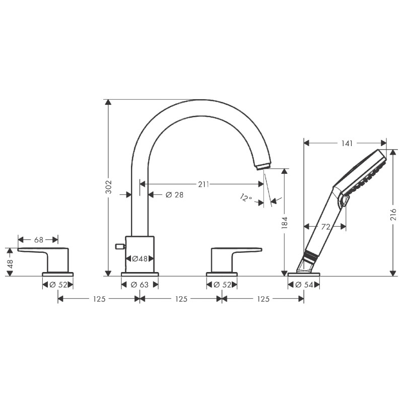 Hansgrohe VERNIS BLEND смеситель для ванны на 4 отверстия, ручной душ, хром, (71456000)