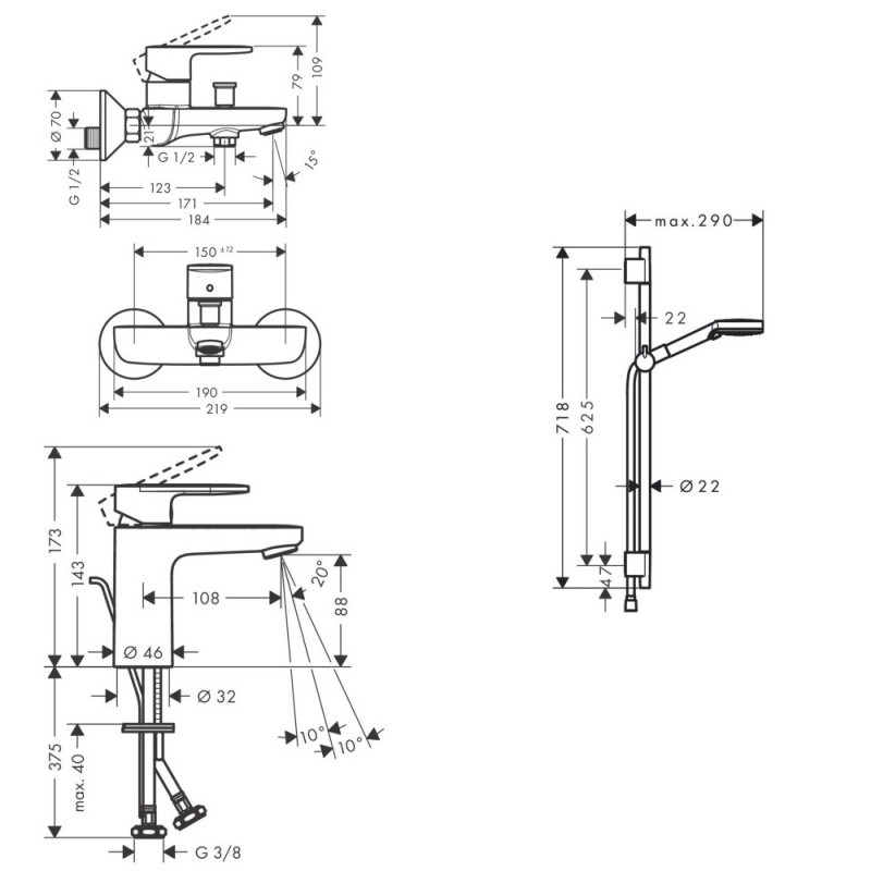 Hansgrohe VERNIS BLENDнабір змішувачів для ванни, раковина 100 (71551670+71440670+26423670), колір чорний матовий, (71551222)