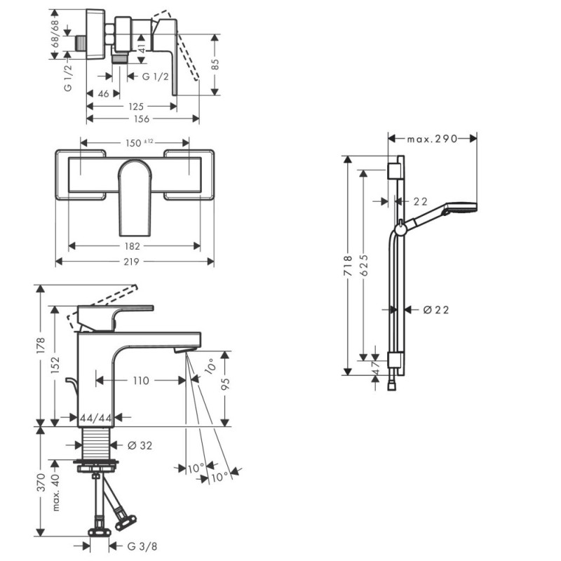 Hansgrohe VERNIS SHAPE набір змішувачів для душу, раковина 100 (71561670+71650670+26423670), колір чорний матовий, (71561333)