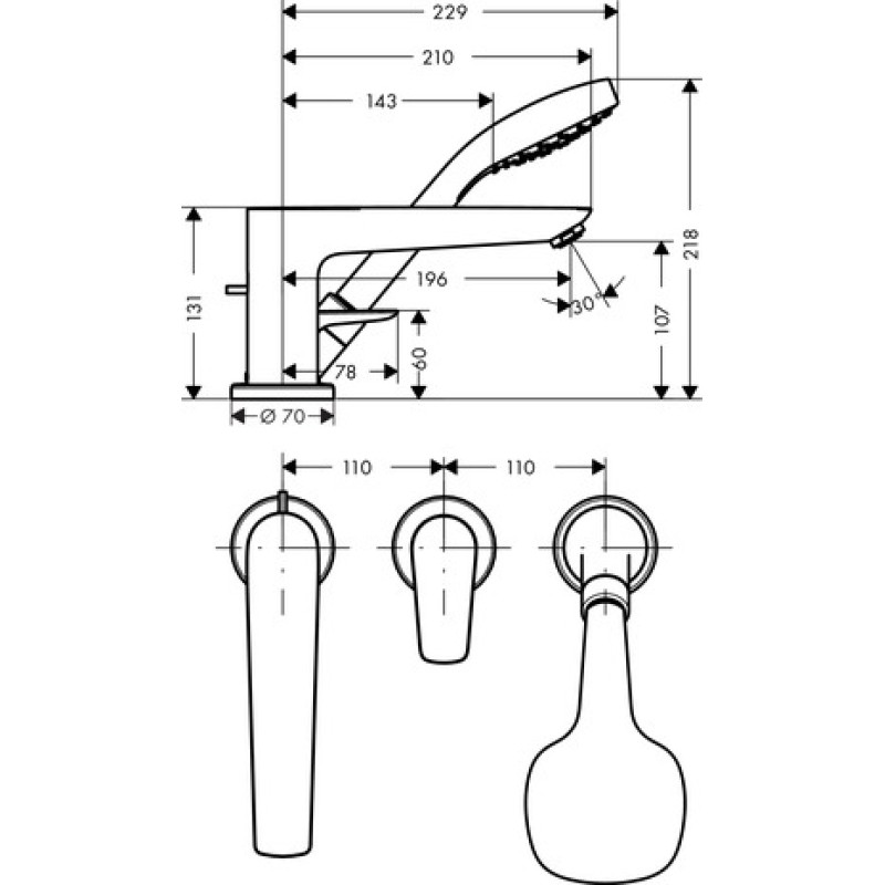 Hansgrohe Talis E Змiшувач на край ванни, на 3 отвори, хром, (71730000)