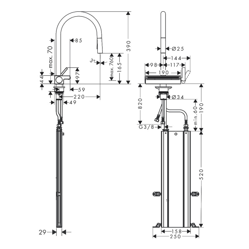 Hansgrohe AQUNO SELECT M81 змiшувач для кухнi, одноважiльний 170, з витяжним виливом, 3jet, sBox, нержавiюча сталь, (73831800)