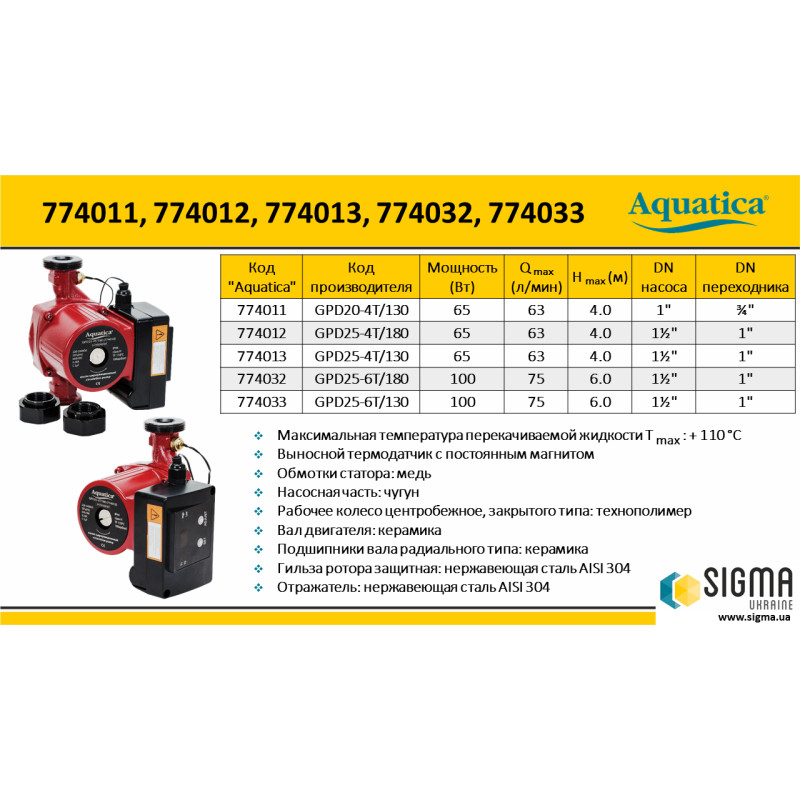 Aquatica Насос циркуляційний з термодатчиком 65Вт Hmax 4м Qmax 63л/хв Ø1½