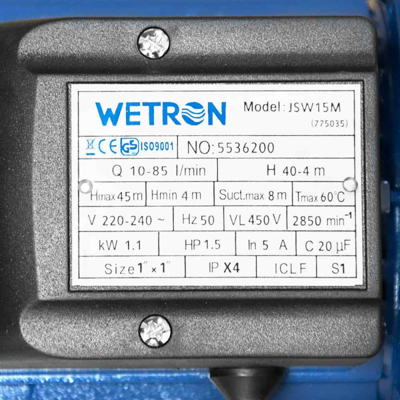 WETRON Насос відцентровий самовсмоктуючий 1.1кВт Hmax 45м Qmax 85л/хв JSW15M (775035)