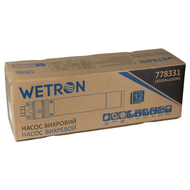 WETRON Насос вихровий 0.75кВт H 58(34)м Q 45(20)л/хв Ø96мм 10м кабелю 4SKmw100M (778331)