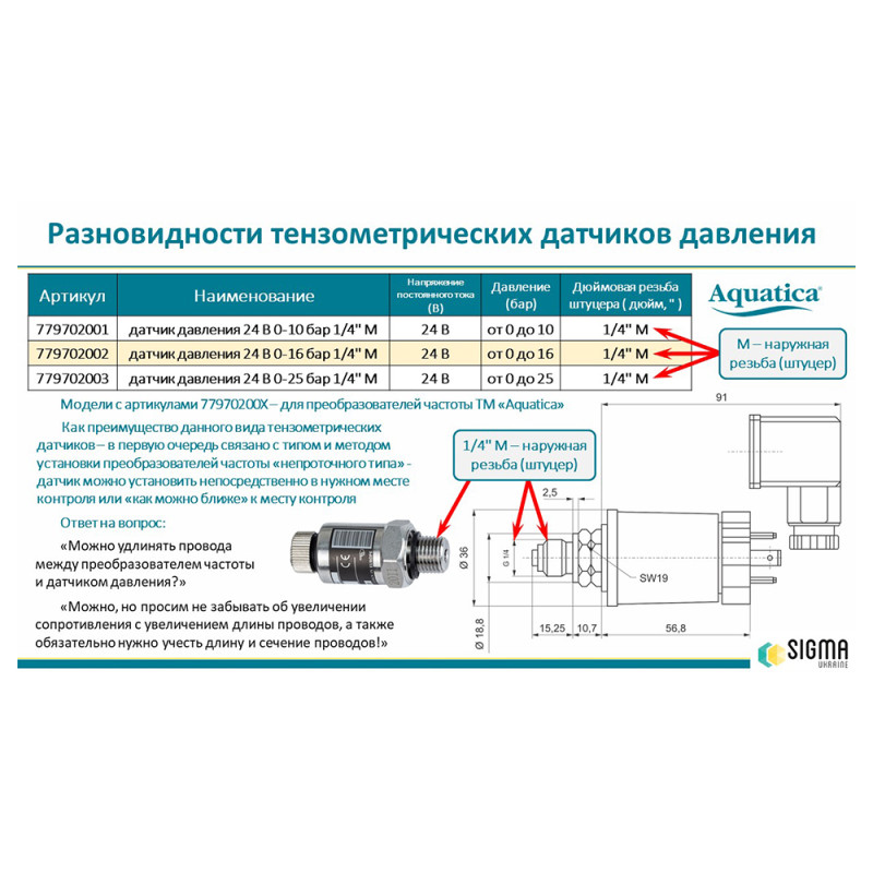 Aquatica Датчик тиску 24В 0-16 бар 1/4