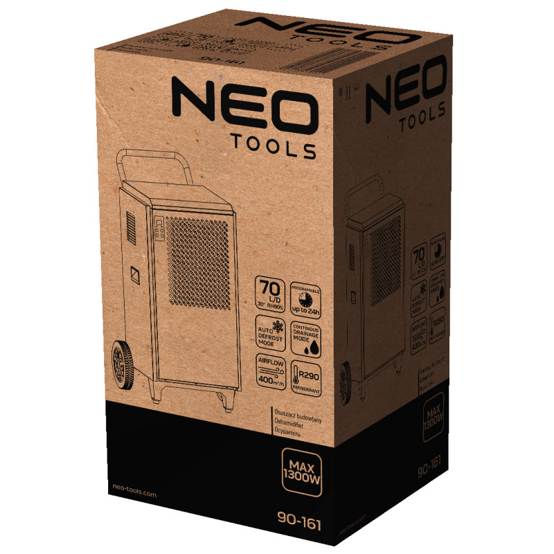 Neo Tools Осушувач повітря промисловий, 950Вт, 250м2, 400 м3/год, 70л/добу, безперервний злив, LCD дисплей, прогр.часу роботи, IP22 (90-161)