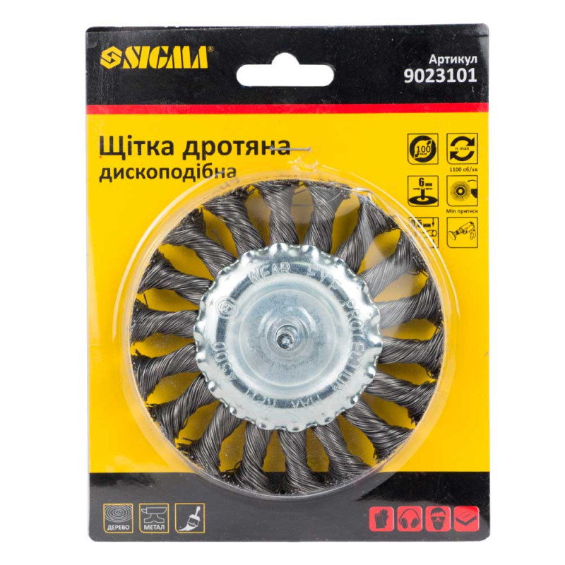 SIGMA Щітка дротяна дископодібна Ø100мм хвостовик Ø6мм (сталева кручена) (9023101)