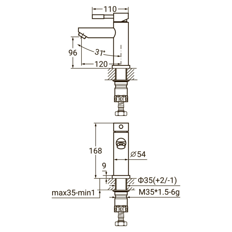 AQUATICA Змішувач KT Ø35 для раковини литий на гайці SS KT-1A170P (9722001)