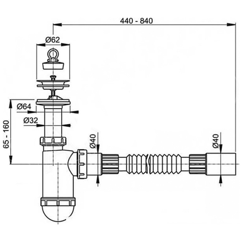 ALCA PLAST сифон A41+A710 Умивальник 1 1/4*d63 нерж.+ гофра 40*40 (A41+A710)