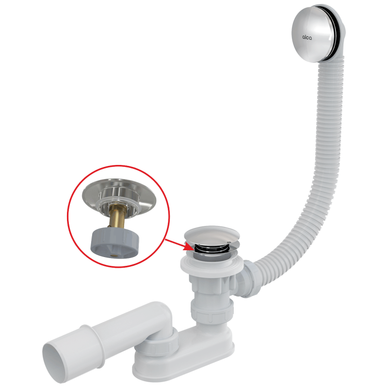 ALCA PLAST сифон A504CKM Сифон для ванни, хром click-clack 70мм, перелив 57см{20} (A504CKM)
