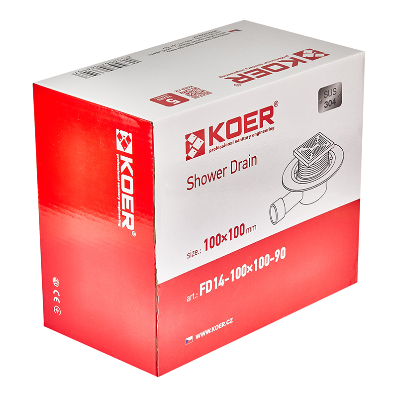 Душевой трап из нержавеющей стали SUS304 Koer FD14-100x100-90 (угловой отвод) (AC0661)