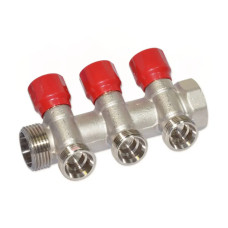 Carlo Poletti Колектор кутовий Ø1″ x 3 виходи x 3/4″ EK (червоні ручки) нікель (C323N12QR)